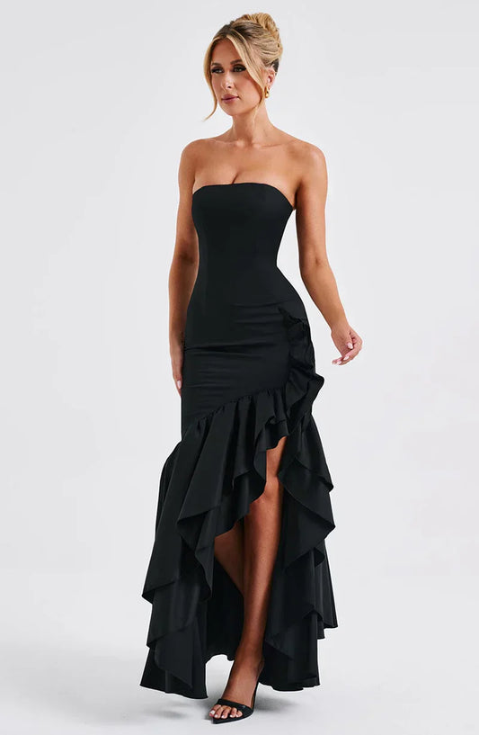 Martyna | Women's The definition of modern romance. This strapless cotton-blend maxi dress features a sculpted bodice, cascading ruffle details, and a voluminous high-low hem.