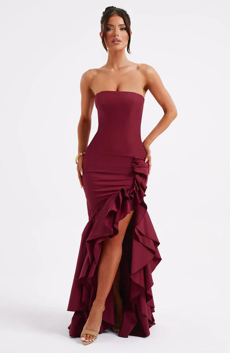 Martyna | Women's The definition of modern romance. This strapless cotton-blend maxi dress features a sculpted bodice, cascading ruffle details, and a voluminous high-low hem.