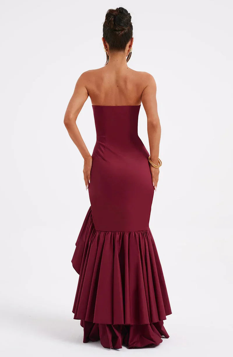 Martyna | Women's The definition of modern romance. This strapless cotton-blend maxi dress features a sculpted bodice, cascading ruffle details, and a voluminous high-low hem.