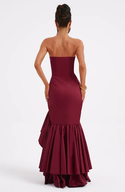 Martyna | Women's The definition of modern romance. This strapless cotton-blend maxi dress features a sculpted bodice, cascading ruffle details, and a voluminous high-low hem.