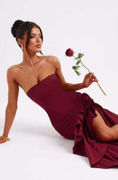 Martyna | Women's The definition of modern romance. This strapless cotton-blend maxi dress features a sculpted bodice, cascading ruffle details, and a voluminous high-low hem.