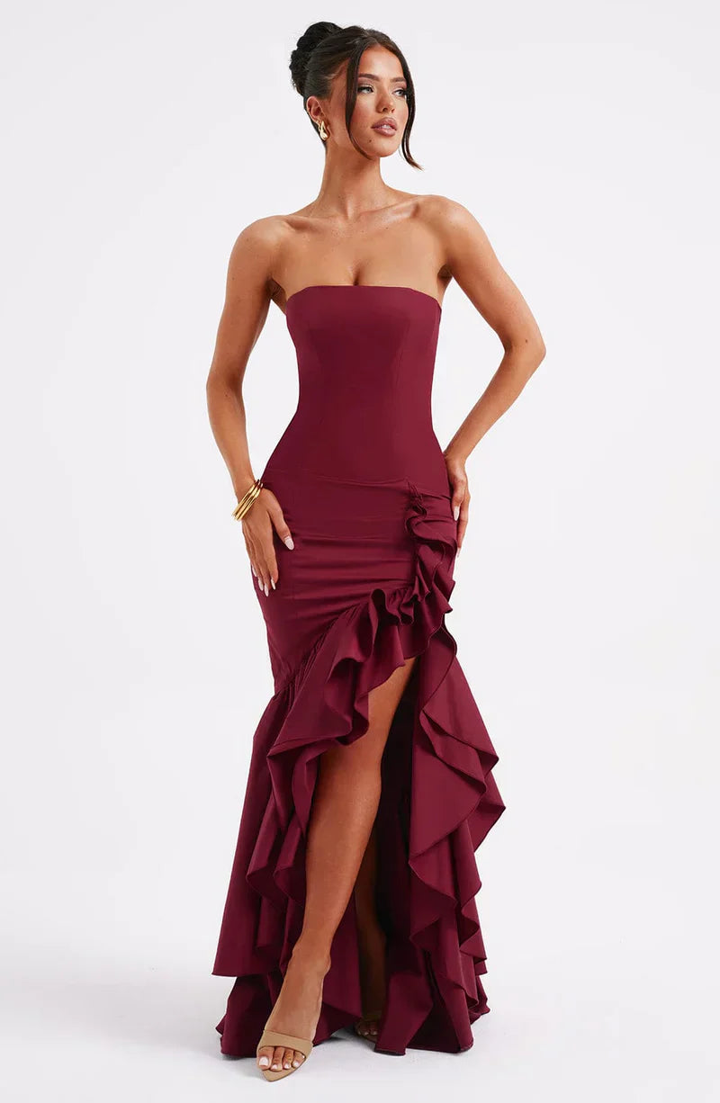 Martyna | Women's The definition of modern romance. This strapless cotton-blend maxi dress features a sculpted bodice, cascading ruffle details, and a voluminous high-low hem.