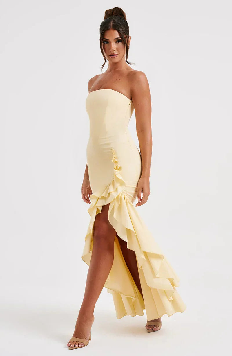 Martyna | Women's The definition of modern romance. This strapless cotton-blend maxi dress features a sculpted bodice, cascading ruffle details, and a voluminous high-low hem.