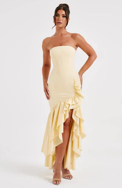 Martyna | Women's The definition of modern romance. This strapless cotton-blend maxi dress features a sculpted bodice, cascading ruffle details, and a voluminous high-low hem.