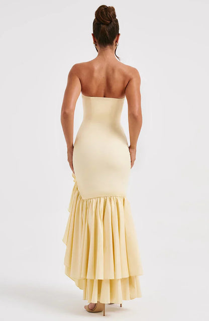 Martyna | Women's The definition of modern romance. This strapless cotton-blend maxi dress features a sculpted bodice, cascading ruffle details, and a voluminous high-low hem.