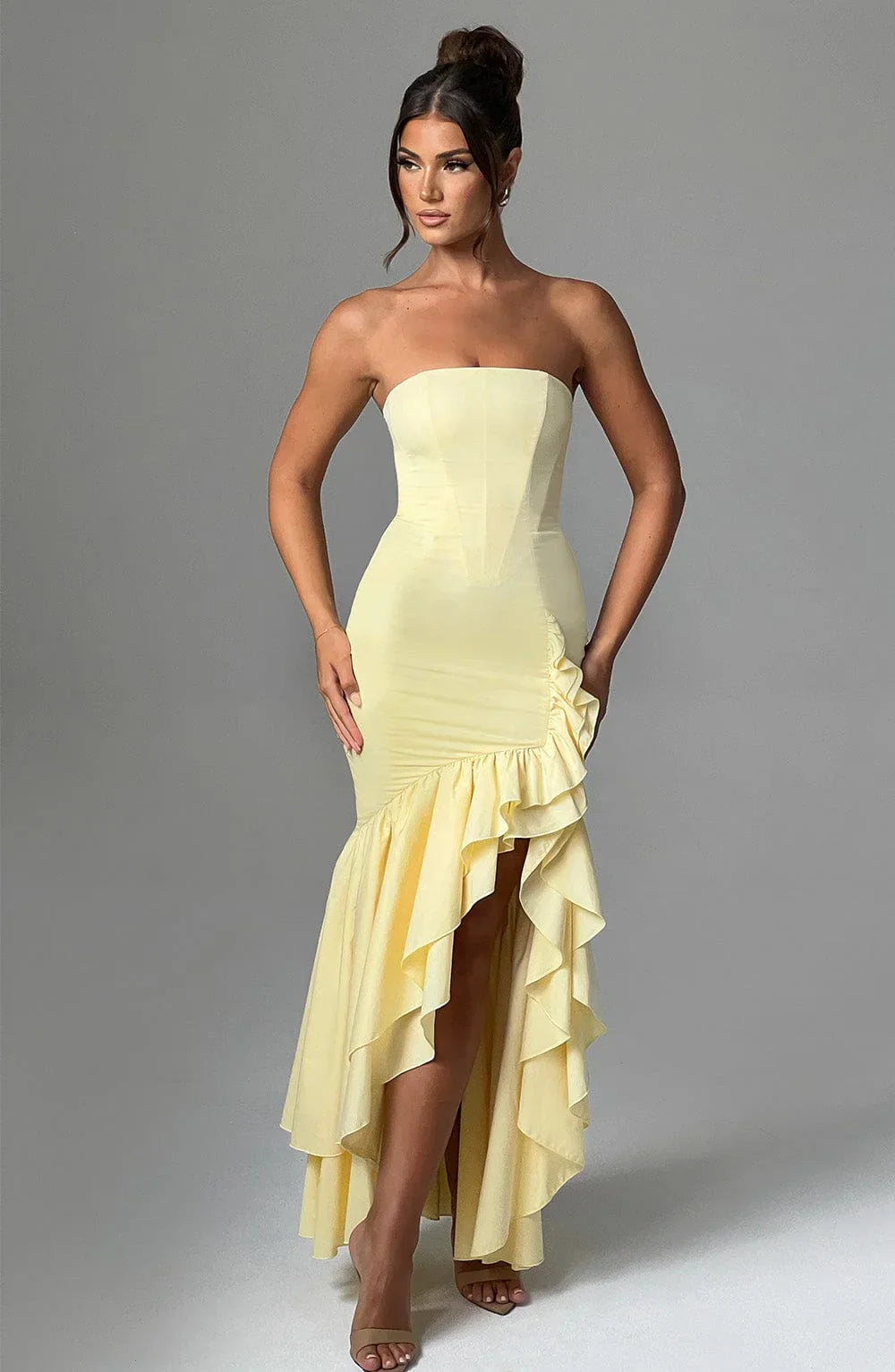 Martyna | Women's The definition of modern romance. This strapless cotton-blend maxi dress features a sculpted bodice, cascading ruffle details, and a voluminous high-low hem.
