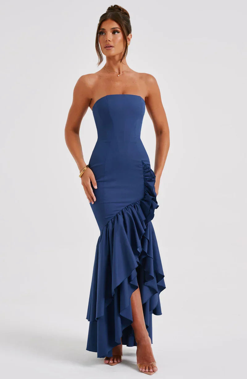 Martyna | Women's The definition of modern romance. This strapless cotton-blend maxi dress features a sculpted bodice, cascading ruffle details, and a voluminous high-low hem.