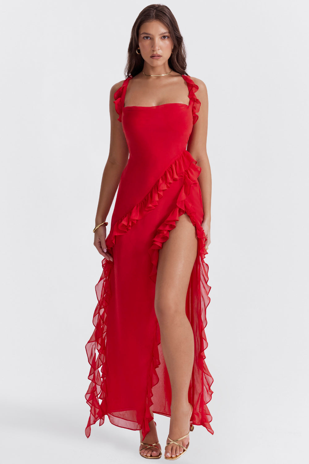Soho | Women's Flowing Square-Neck Ruffle Slit Maxi Dress