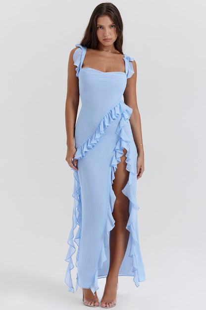 Soho | Women's Flowing Square-Neck Ruffle Slit Maxi Dress