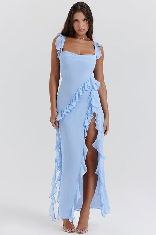 Soho | Women's Flowing Square-Neck Ruffle Slit Maxi Dress