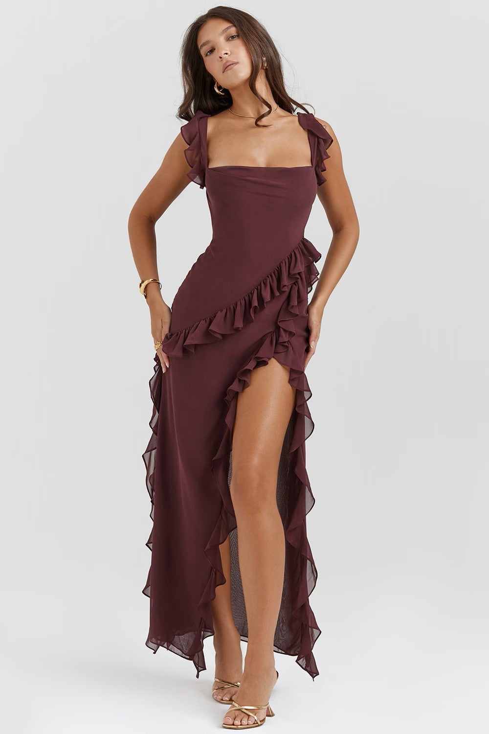 Soho | Women's Flowing Square-Neck Ruffle Slit Maxi Dress