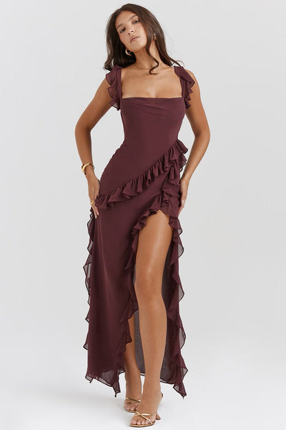 Soho | Women's Flowing Square-Neck Ruffle Slit Maxi Dress