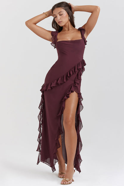 Soho | Women's Flowing Square-Neck Ruffle Slit Maxi Dress