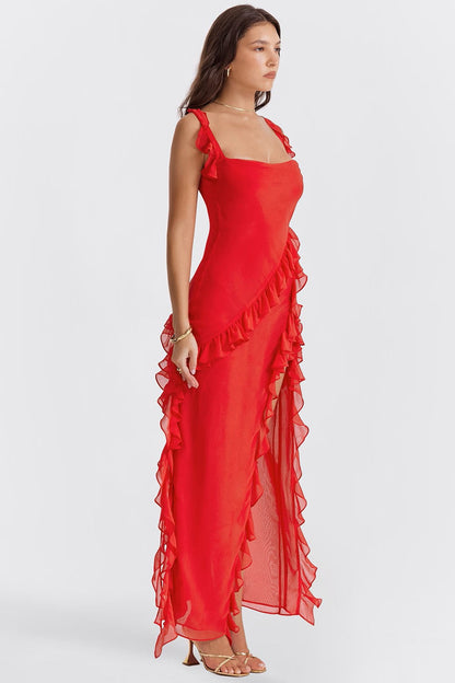 Soho | Women's Flowing Square-Neck Ruffle Slit Maxi Dress