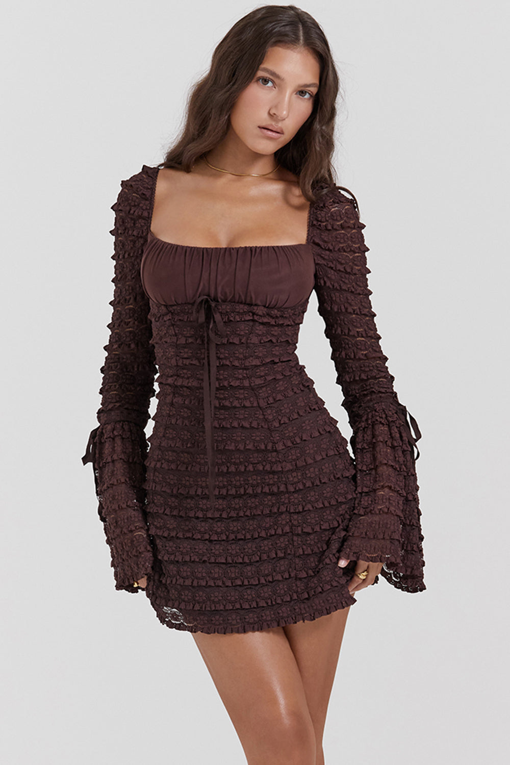 Marisa | Women's Brown Floral Lace Ruched Mini Dress