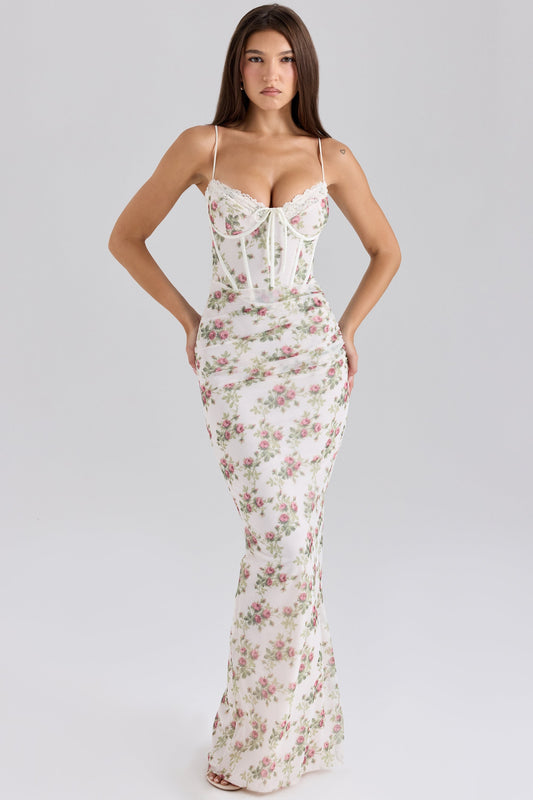 Flaws | Women's Pastel Rose Lace-Corset Maxi Dress