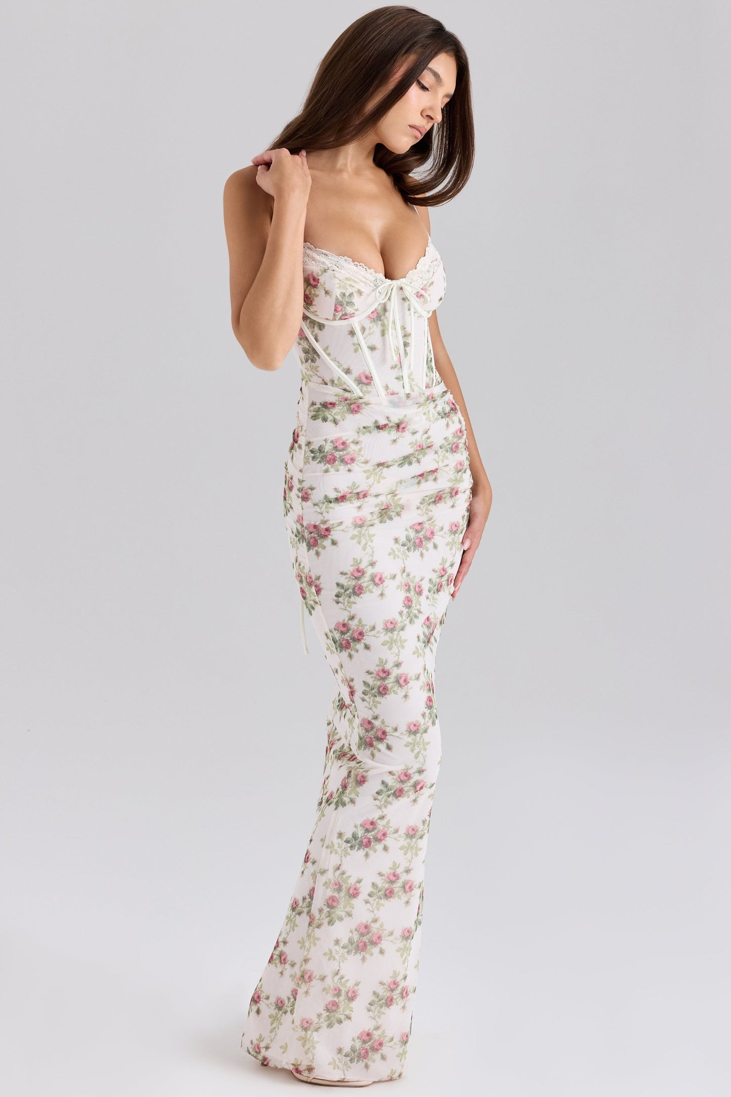 Flaws | Women's Pastel Rose Lace-Corset Maxi Dress