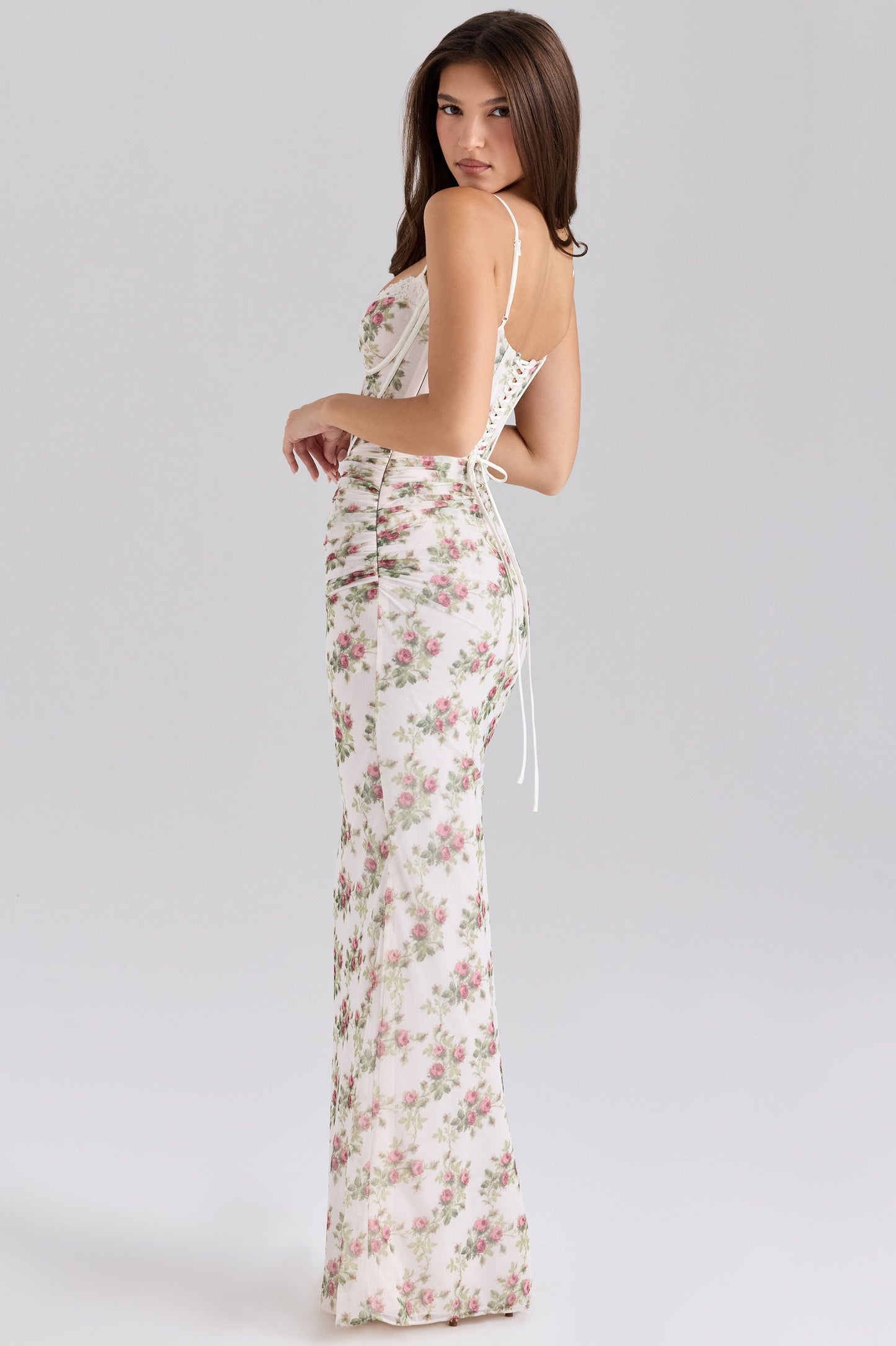 Flaws | Women's Pastel Rose Lace-Corset Maxi Dress