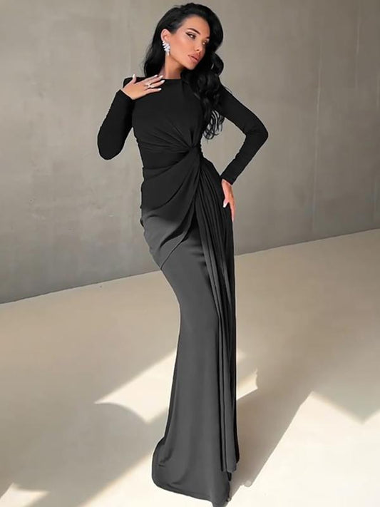Embrace | Elegant Solid Color Ruched Padded Shoulder Bodycon Dress