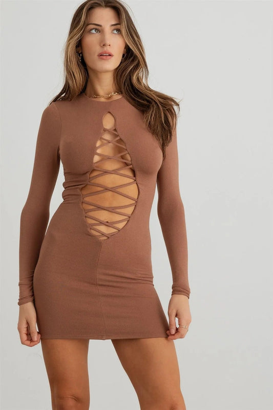 Cassidy | Women's Front Lace-Up Long Sleeve Mini Dress