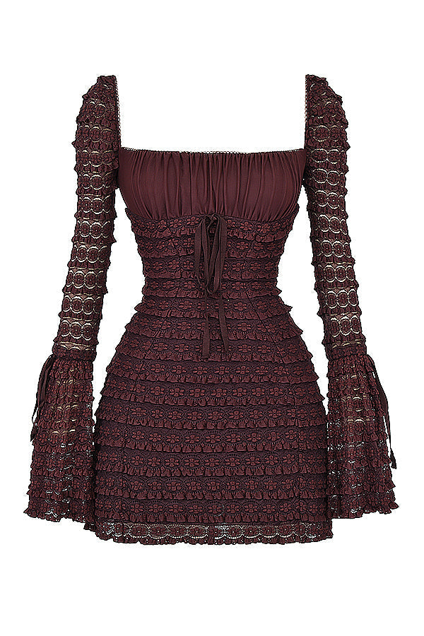 Marisa | Women's Brown Floral Lace Ruched Mini Dress