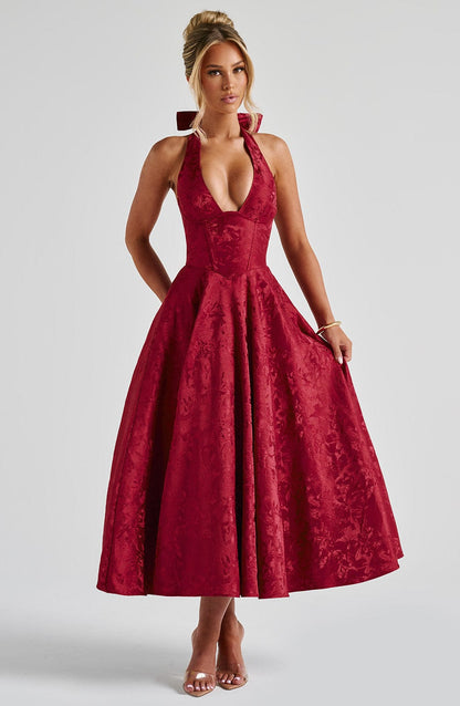 Rosie | Women's Halter Jacquard Floral Midi Dress