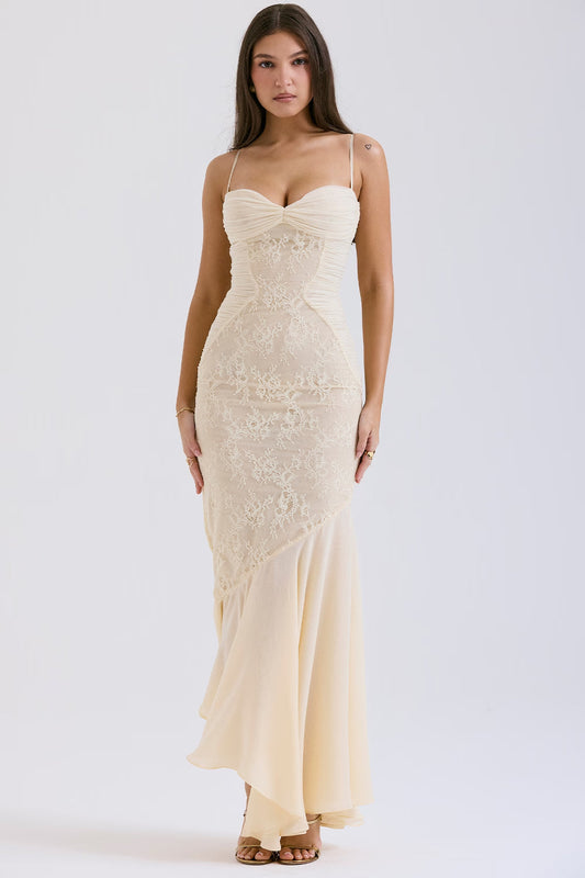 Hana | Women's Fluid Draped Sculpted Vanilla Ethereal Maxi Gown