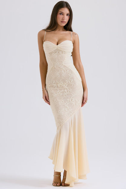 Hana | Women's Fluid Draped Sculpted Vanilla Ethereal Maxi Gown