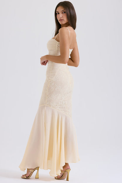 Hana | Women's Fluid Draped Sculpted Vanilla Ethereal Maxi Gown