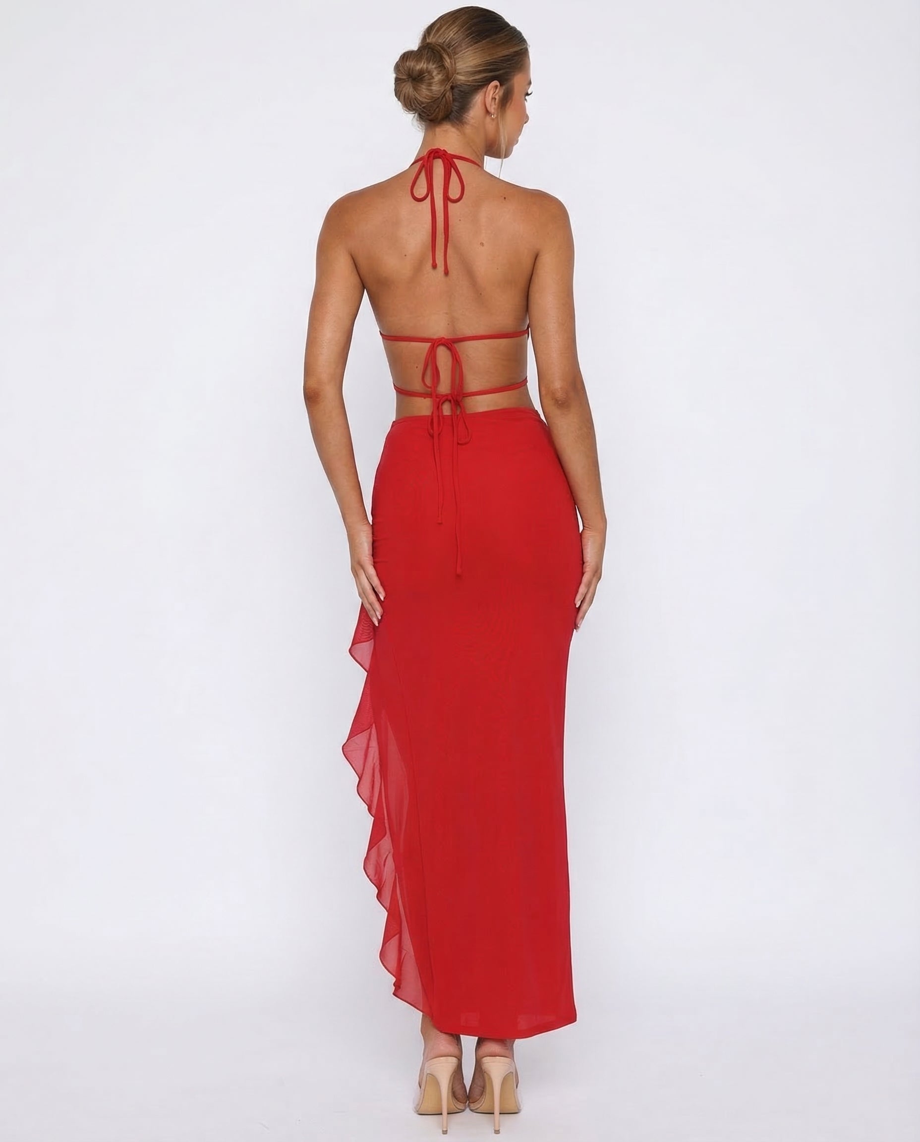 Bold Plunging Backless Ruffle Maxi Dress