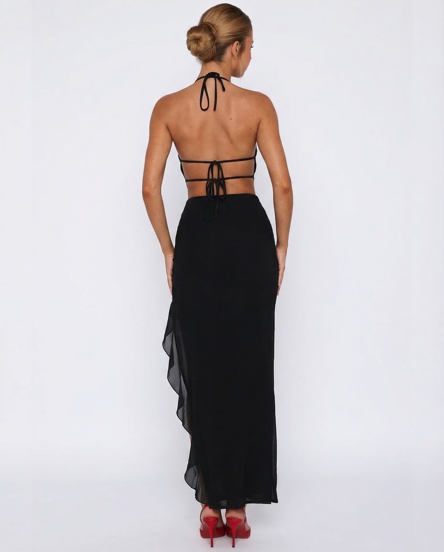 Bold Plunging Backless Ruffle Maxi Dress