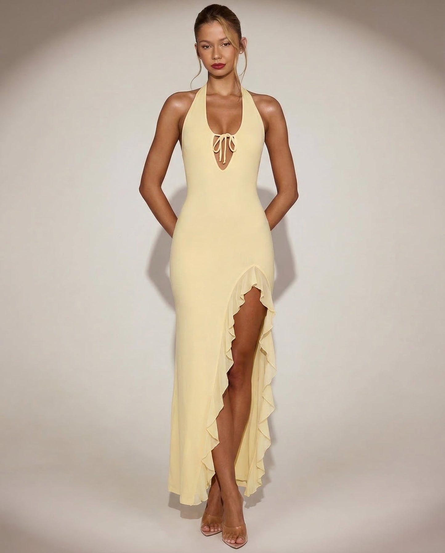Shelly | Bold Plunging Backless Ruffle Maxi Dress