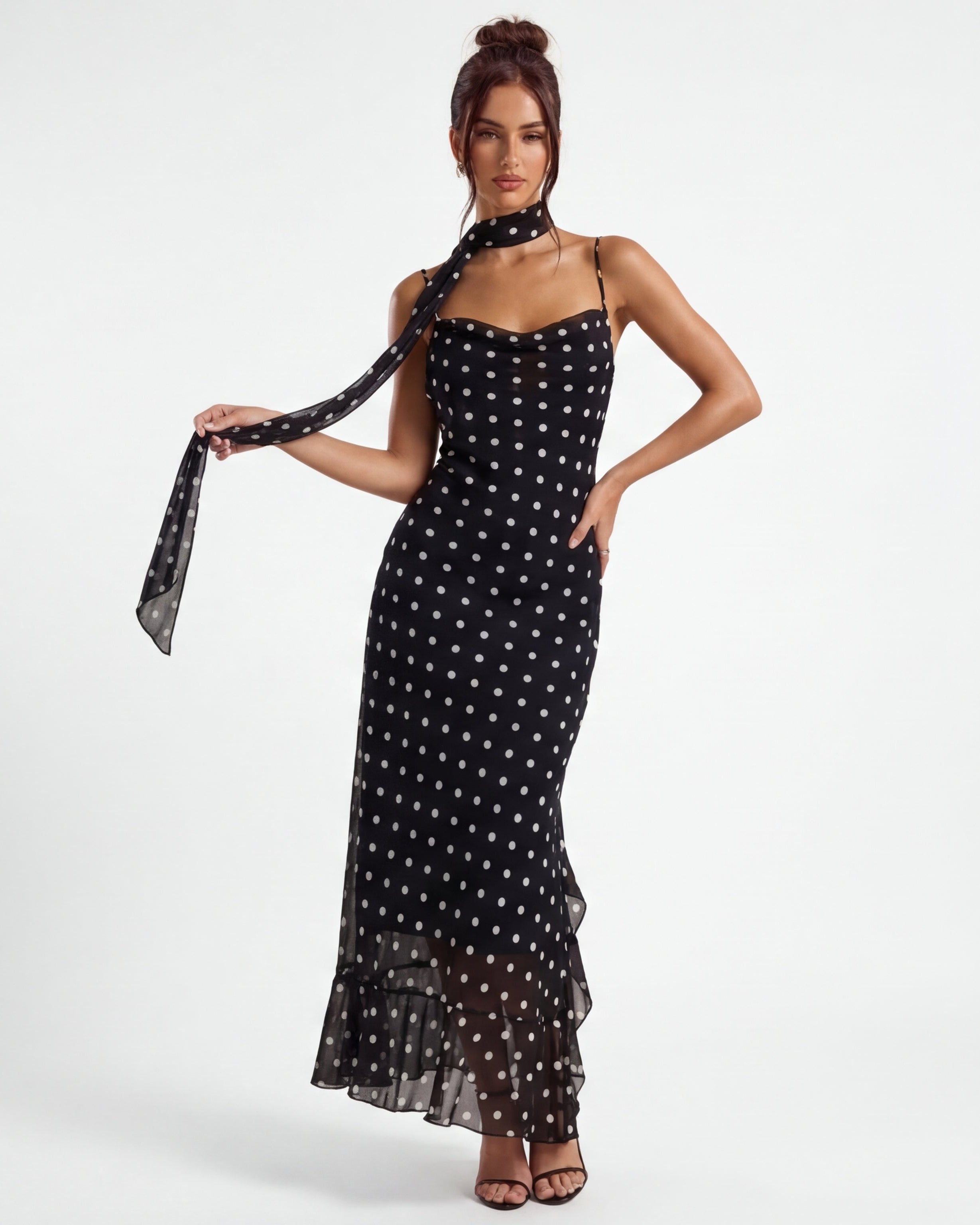 Noir | Chic Sheer-Hem Polka Dot Maxi Dress