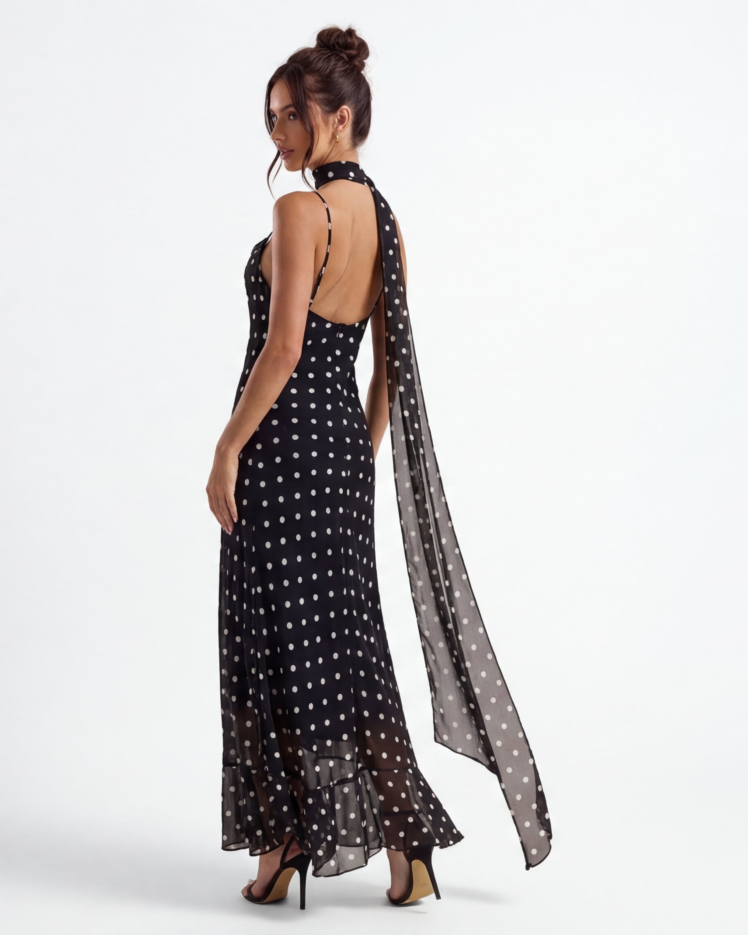 Noir | Chic Sheer-Hem Polka Dot Maxi Dress