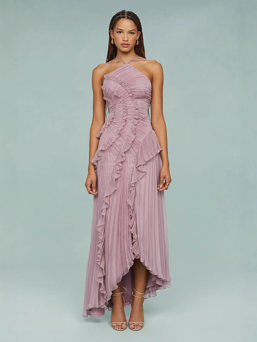 Elisia | Women's Pleated Chiffon Asymmetrical Halter Maxi Dress