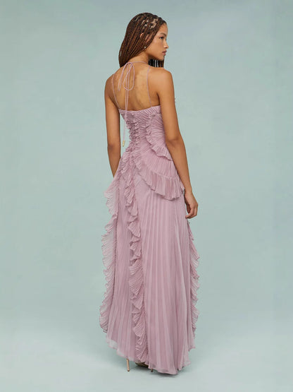 Elisia | Women's Pleated Chiffon Asymmetrical Halter Maxi Dress