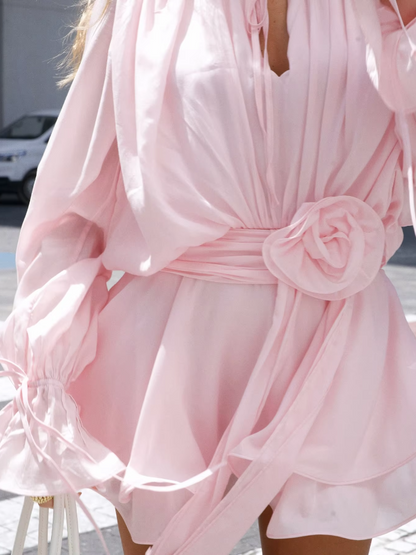 Rosette | Women's Belted Chiffon Bishop-Sleeve Mini Dress