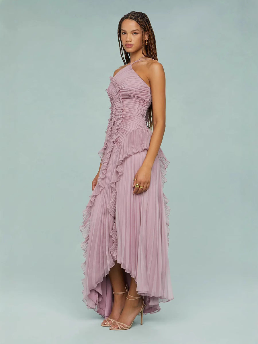 Elisia | Women's Pleated Chiffon Asymmetrical Halter Maxi Dress