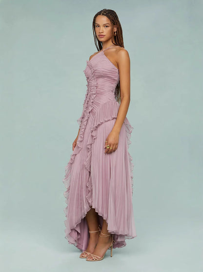 Elisia | Women's Pleated Chiffon Asymmetrical Halter Maxi Dress