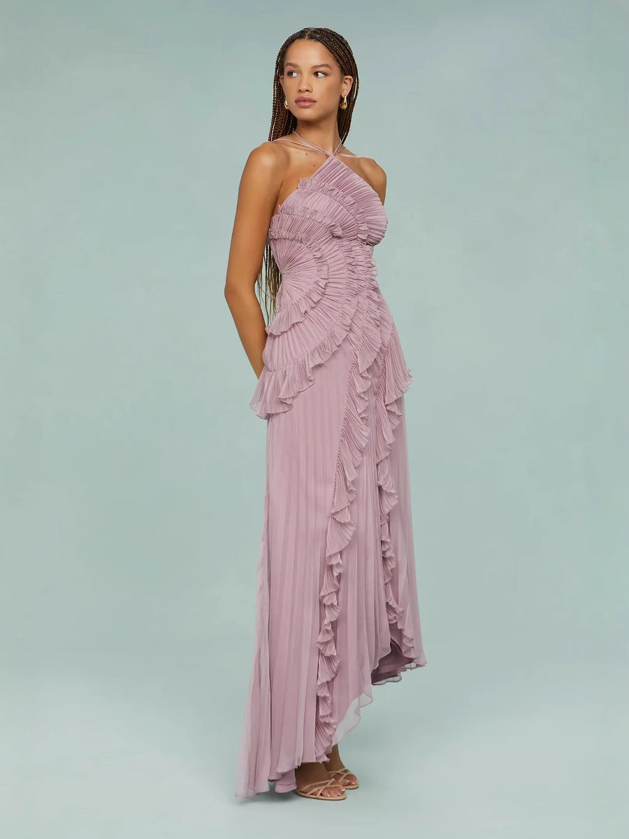 Elisia | Women's Pleated Chiffon Asymmetrical Halter Maxi Dress