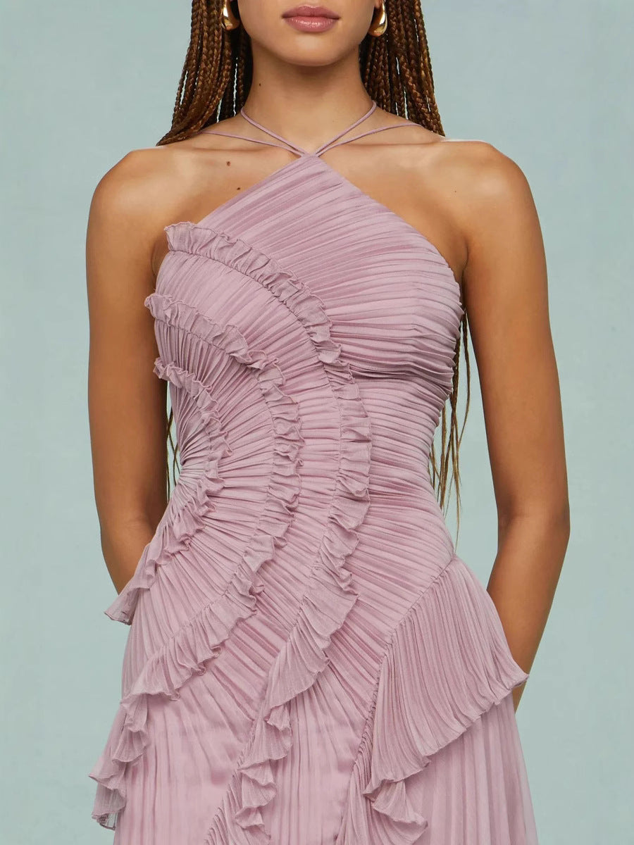 Elisia | Women's Pleated Chiffon Asymmetrical Halter Maxi Dress