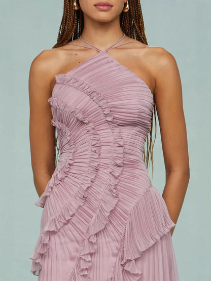 Elisia | Women's Pleated Chiffon Asymmetrical Halter Maxi Dress