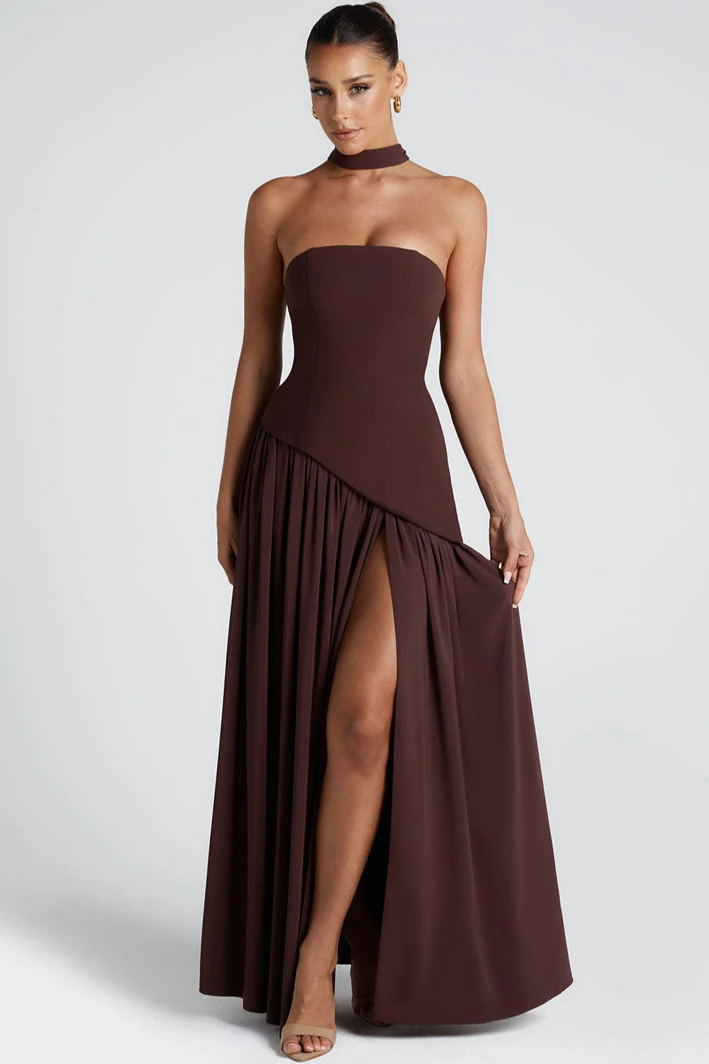 Donna | Women's Sculpted Asymmetrical Strapless Maxi Dress With Scarf
