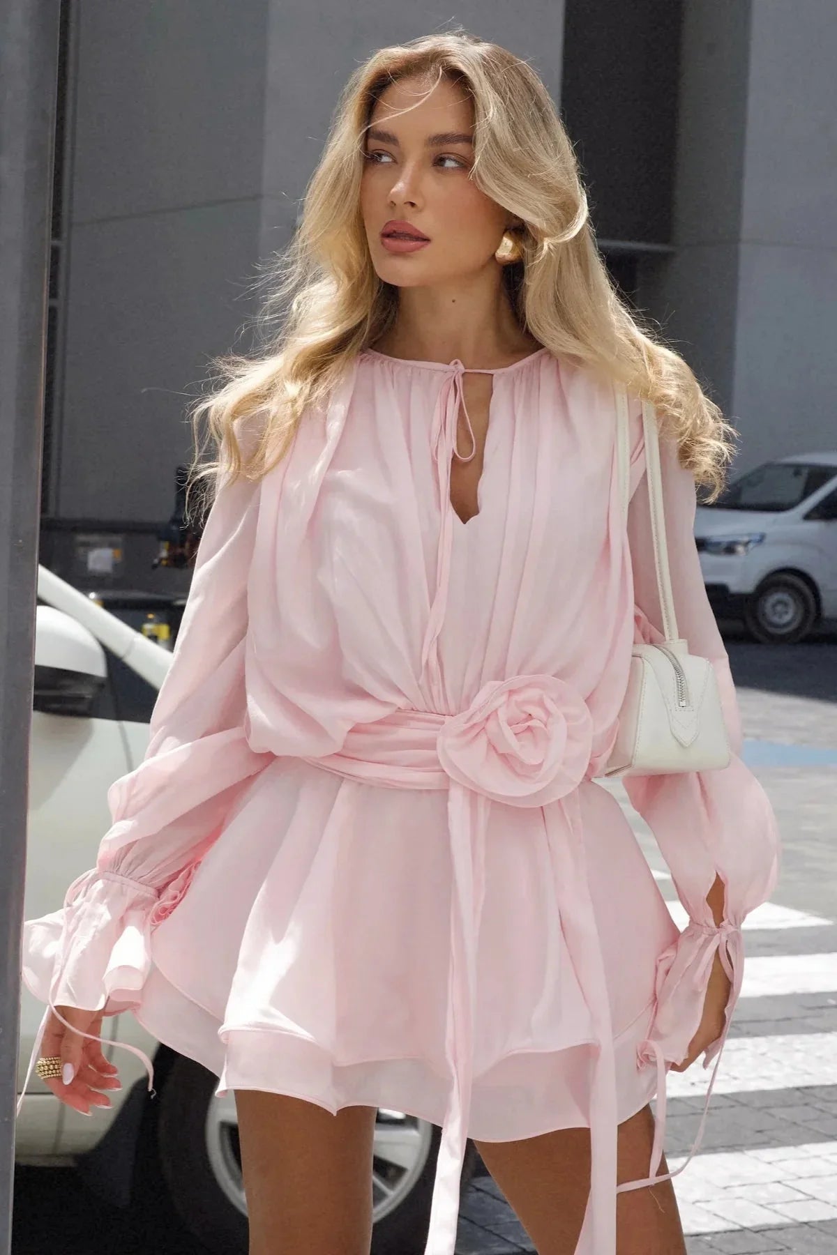Rosette | Women's Belted Chiffon Bishop-Sleeve Mini Dress
