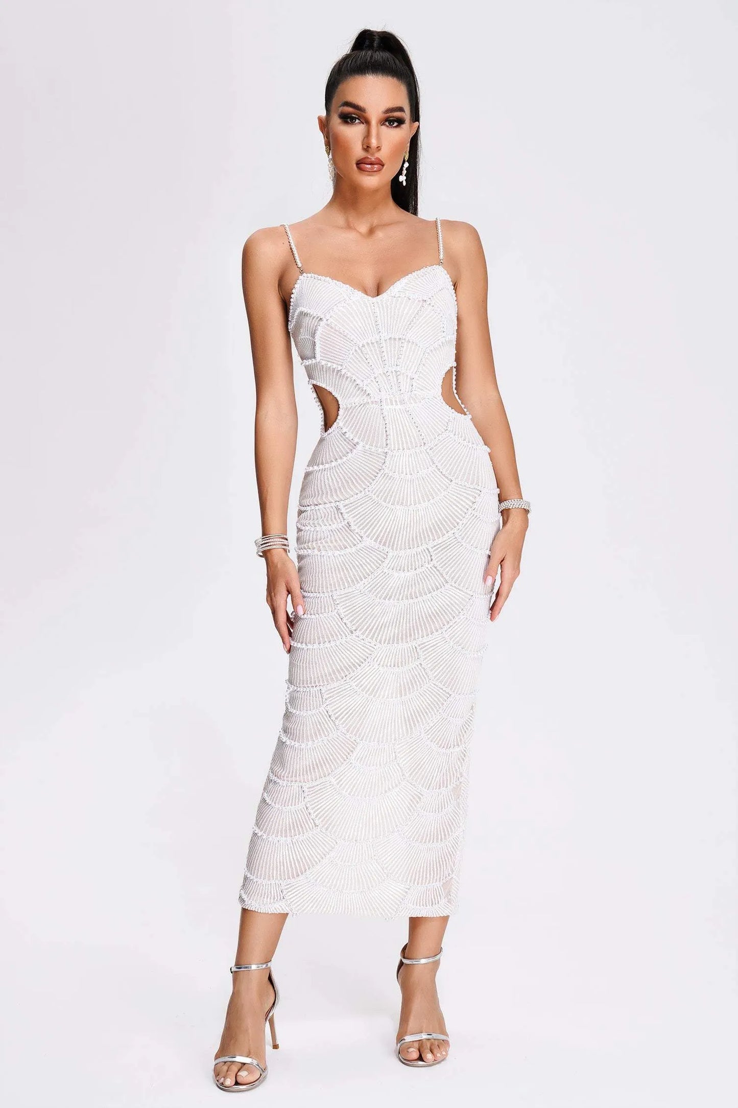 Pearl | Women's Fan-Beaded Sequin Cut-Out Midi Dress