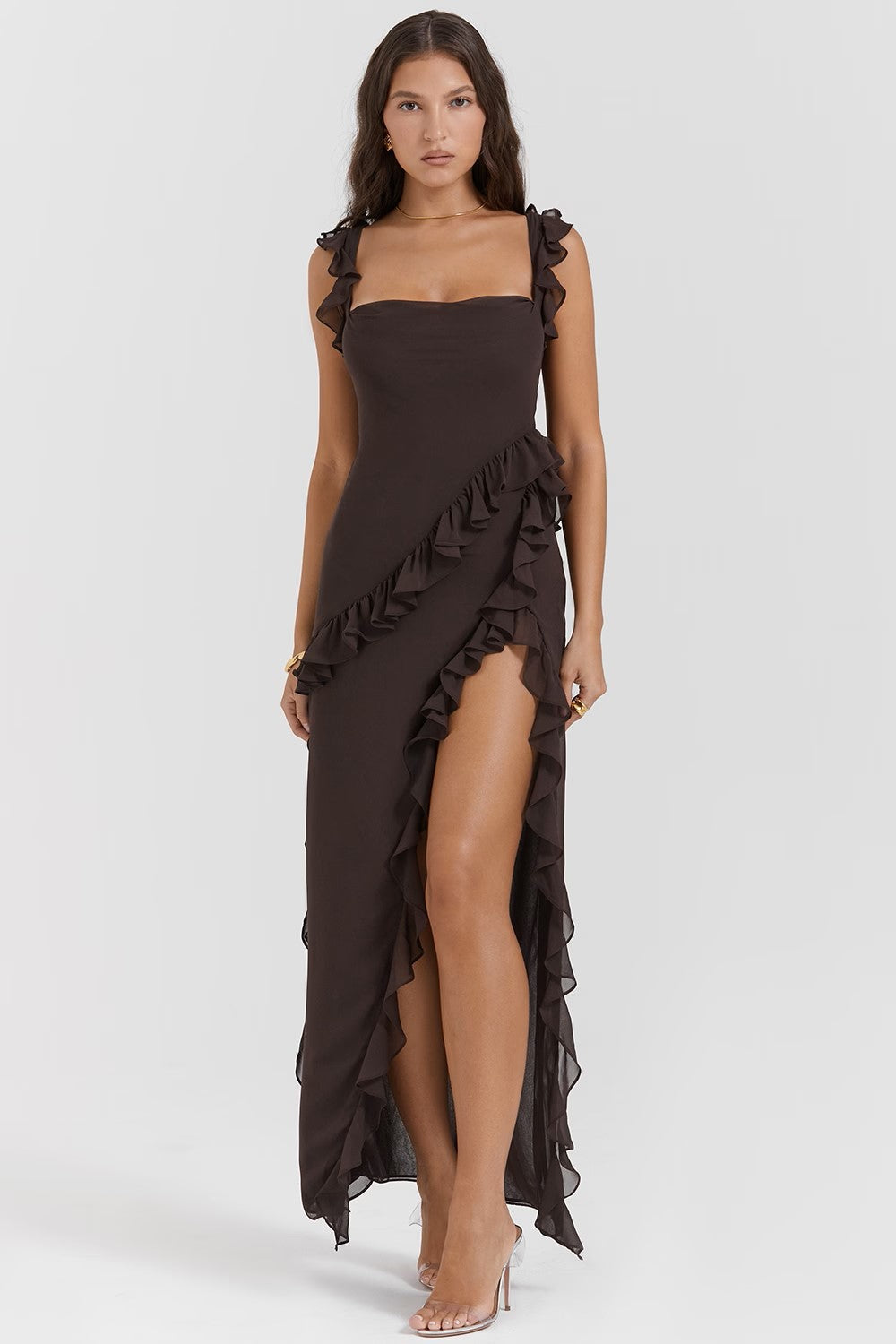 Soho | Women's Flowing Square-Neck Ruffle Slit Maxi Dress