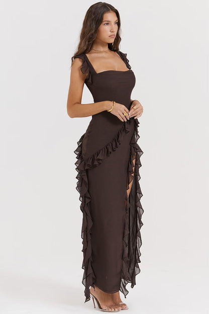 Soho | Women's Flowing Square-Neck Ruffle Slit Maxi Dress