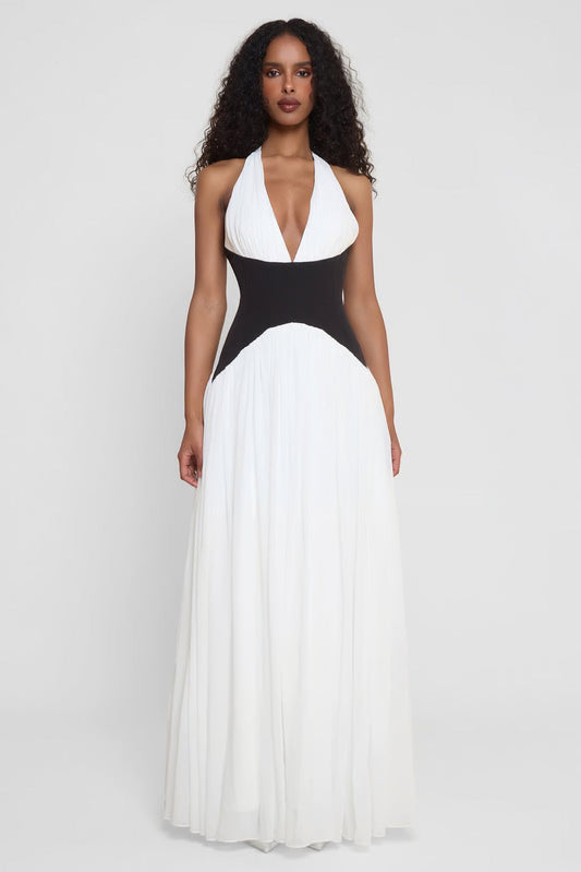 Leia | Women's Plunge Halter Corset Maxi Dress