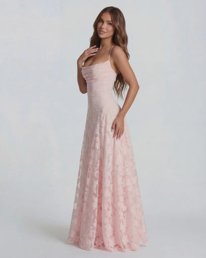 Sofia | Women's Straight-Neckline Flowing Lace Maxi Dress