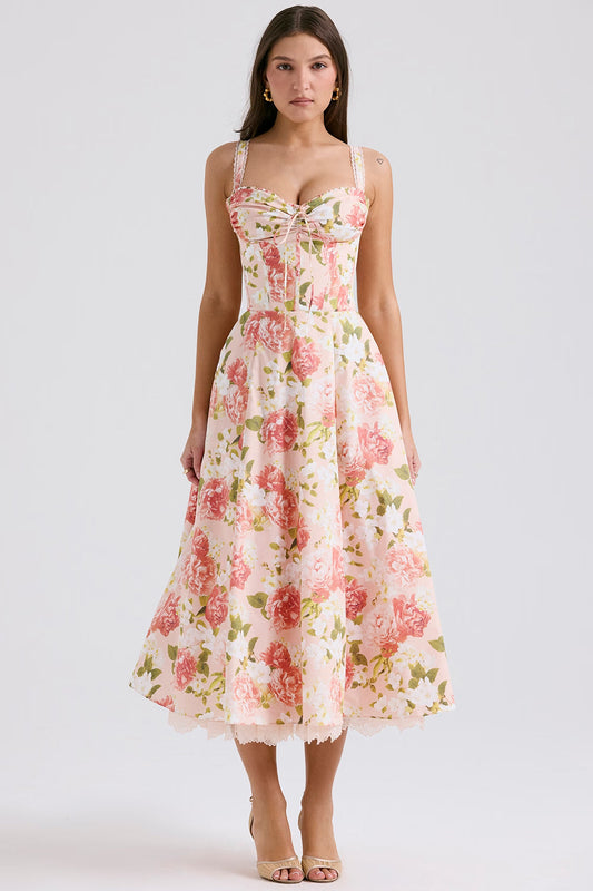 Camellia | Women's Floral Corset Cotton Midi Dress
